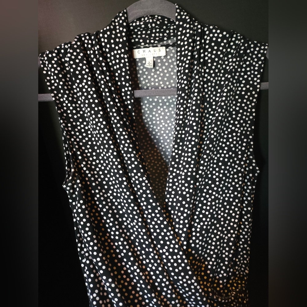 Chaus Black And White Polka Dot Sleeveless Wrap Top